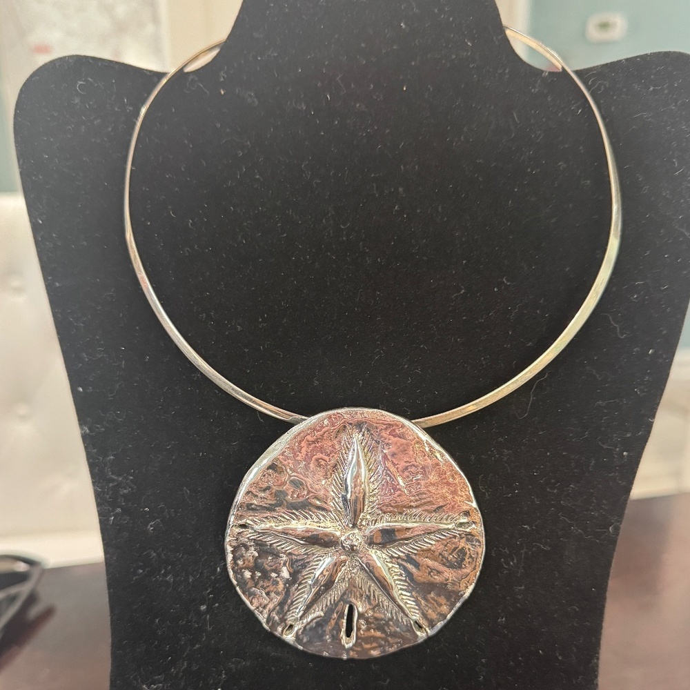 Sterling Silver Sand Dollar Pendant W/ Sterling Silver Choker Slide Necklace